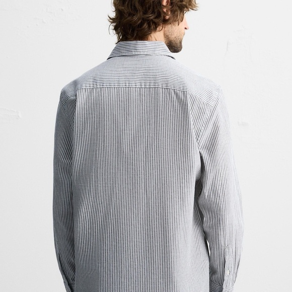 Zara Man Navy White Striped Button Down Shirt Slim Fit Small - Picture 3 of 9
